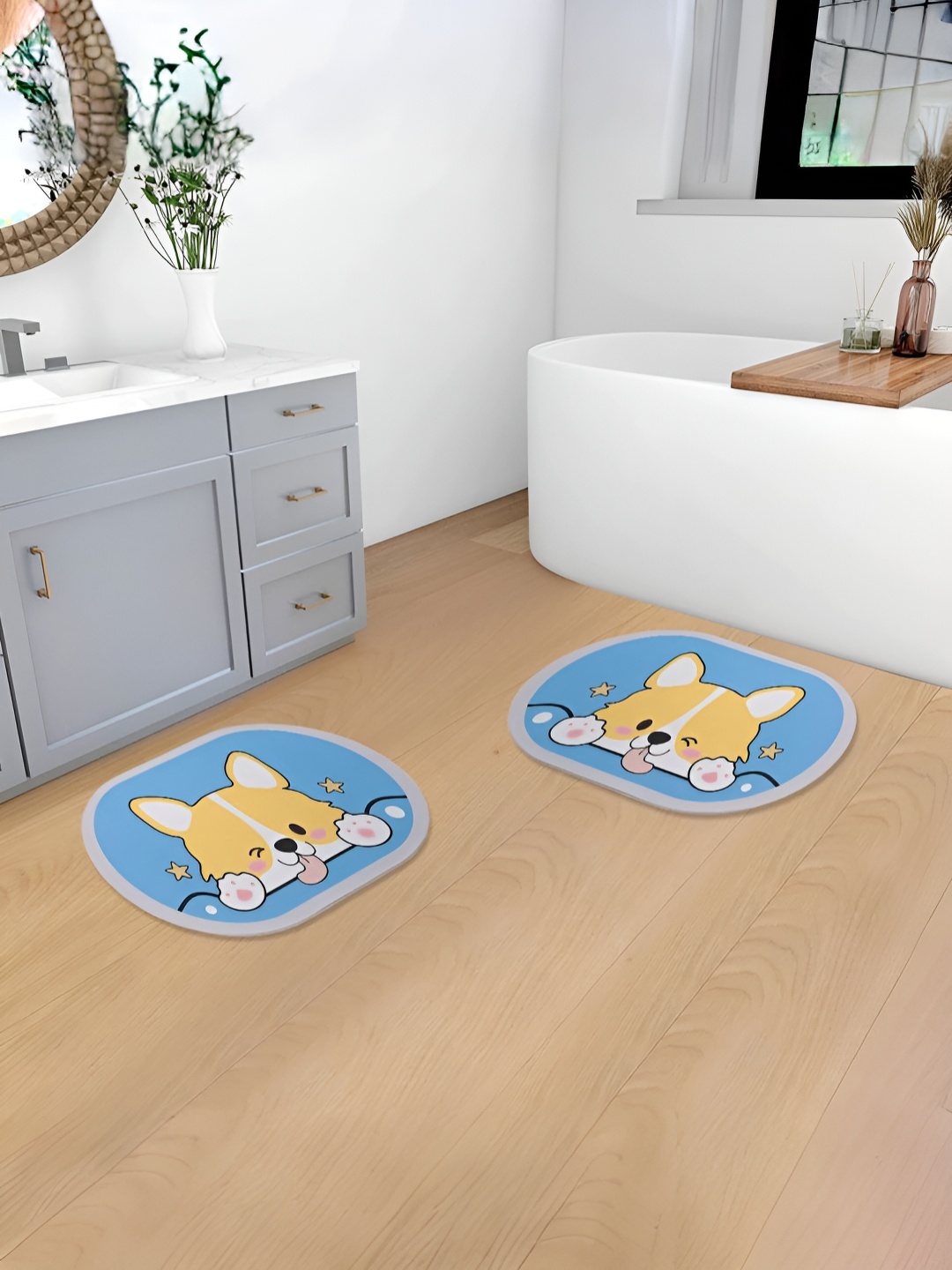 

Savya Home Blue & Yellow 2 Pieces Conversational Printed 210 GSM Bath Mats