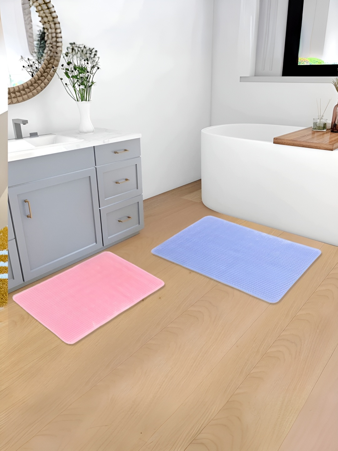 

SAVYA HOME 2 Pieces Pink & Blue Anti Slip 210 GSM Polyester Bath Mats