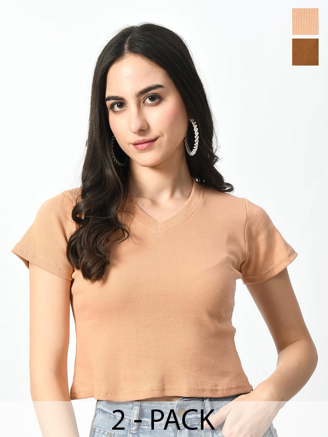 BAESD Women Pack Of 2 Solid V-Neck Crop Slim Fit T-shirt, Peach