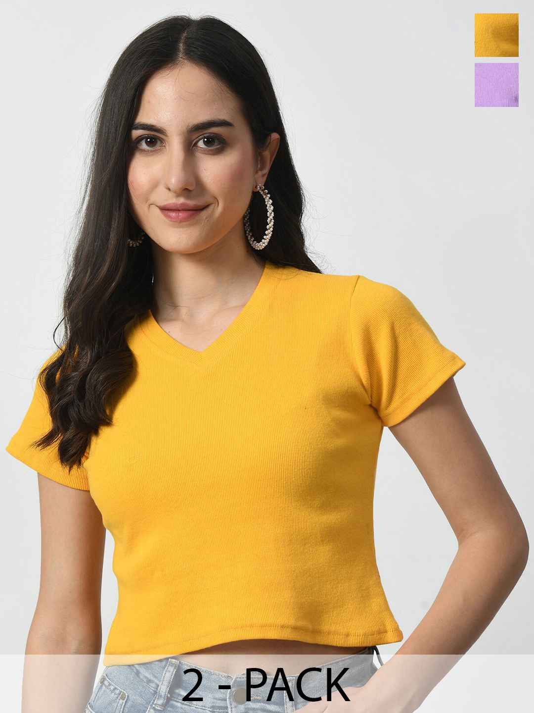 

BAESD Women Pack Of 2 Solid V-Neck Crop Slim Fit T-shirt, Yellow