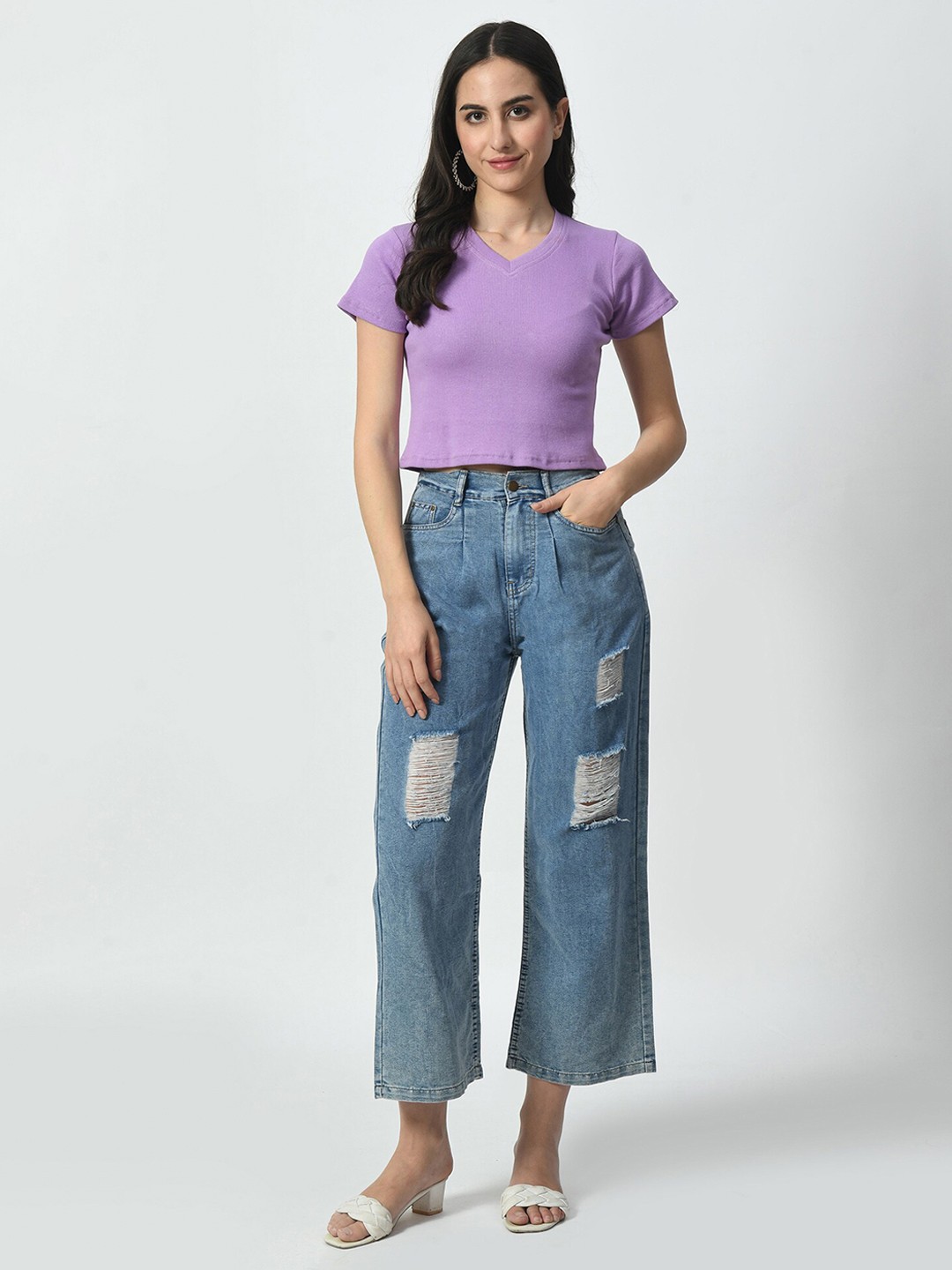 

BAESD Women Solid V-Neck Crop Slim Fit T-shirt, Lavender
