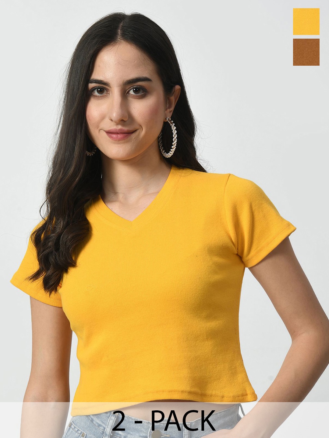 

BAESD Women Pack Of 2 Solid V-Neck Crop Slim Fit T-shirt, Yellow