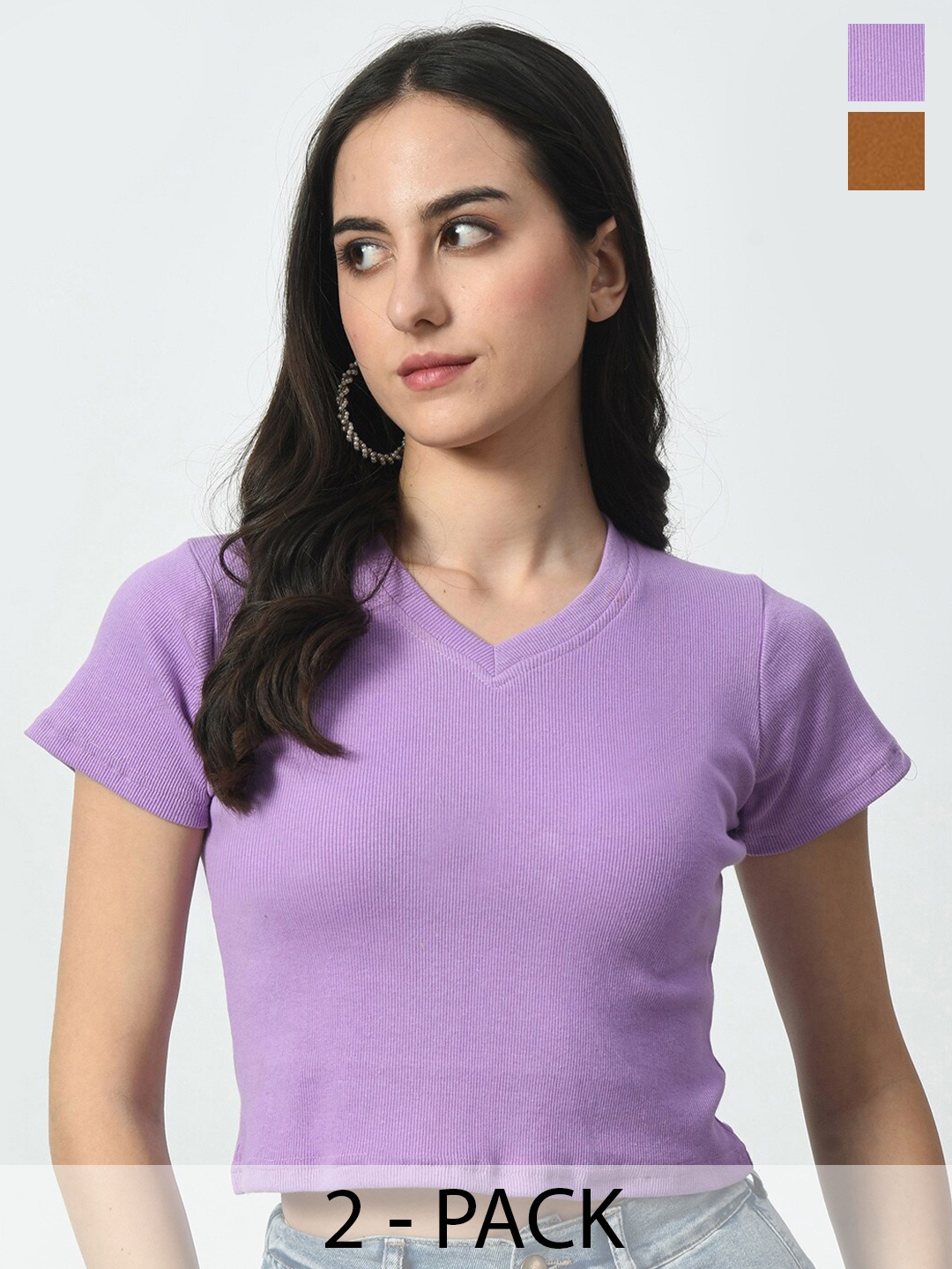 

BAESD Women Pack Of 2 Solid V-Neck Crop Slim Fit T-shirt, Lavender