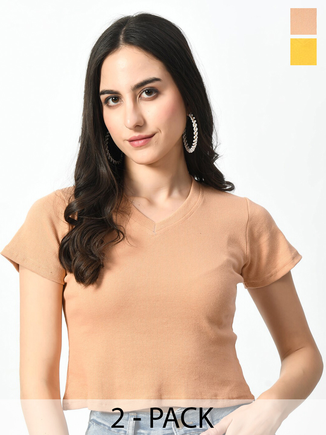 

BAESD Women Pack Of 2 Solid V-Neck Crop Slim Fit T-shirt, Peach