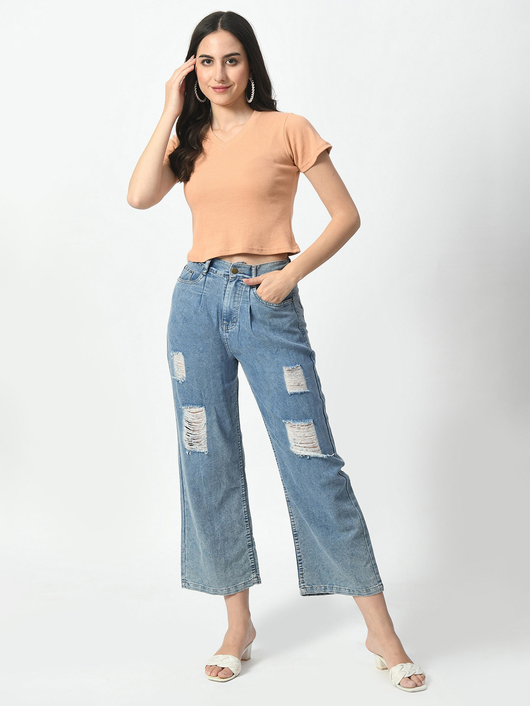 

BAESD Women Solid V-Neck Crop Slim Fit T-shirt, Peach