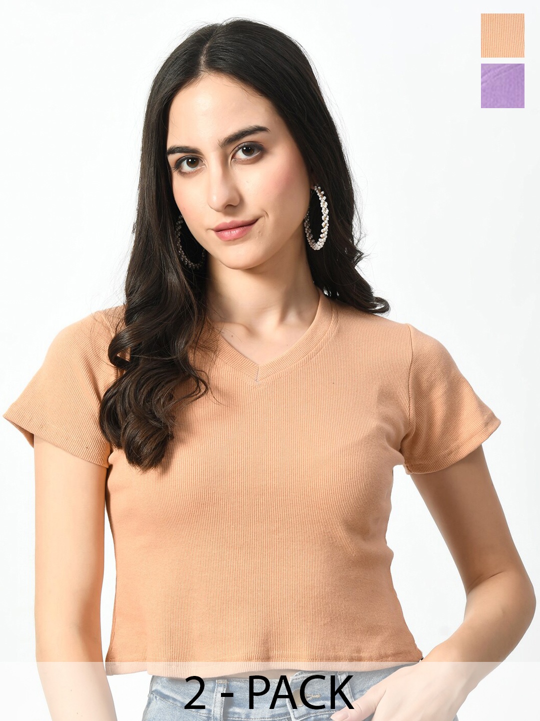

BAESD Women Pack Of 2 Solid V-Neck Crop Slim Fit T-shirt, Peach