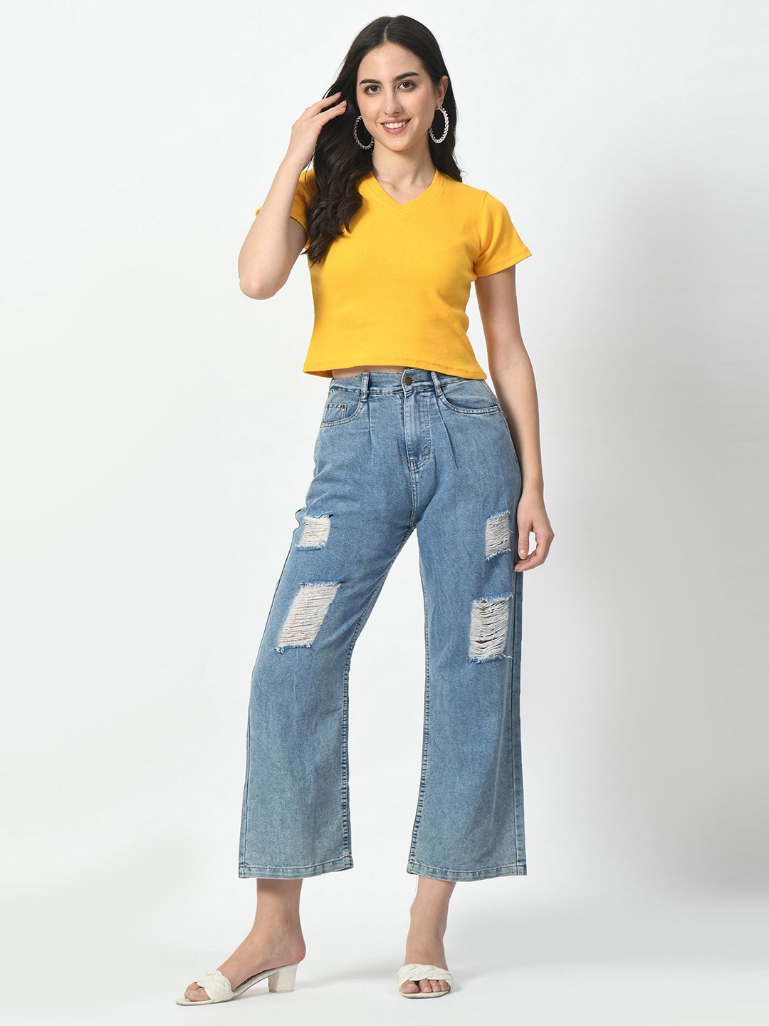 

BAESD Women Solid V-Neck Crop Slim Fit T-shirt, Yellow