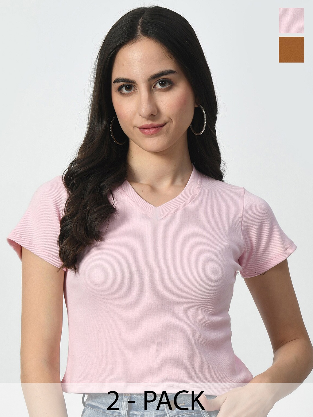 

BAESD Women Pack Of 2 Solid V-Neck Crop Slim Fit T-shirt, Pink