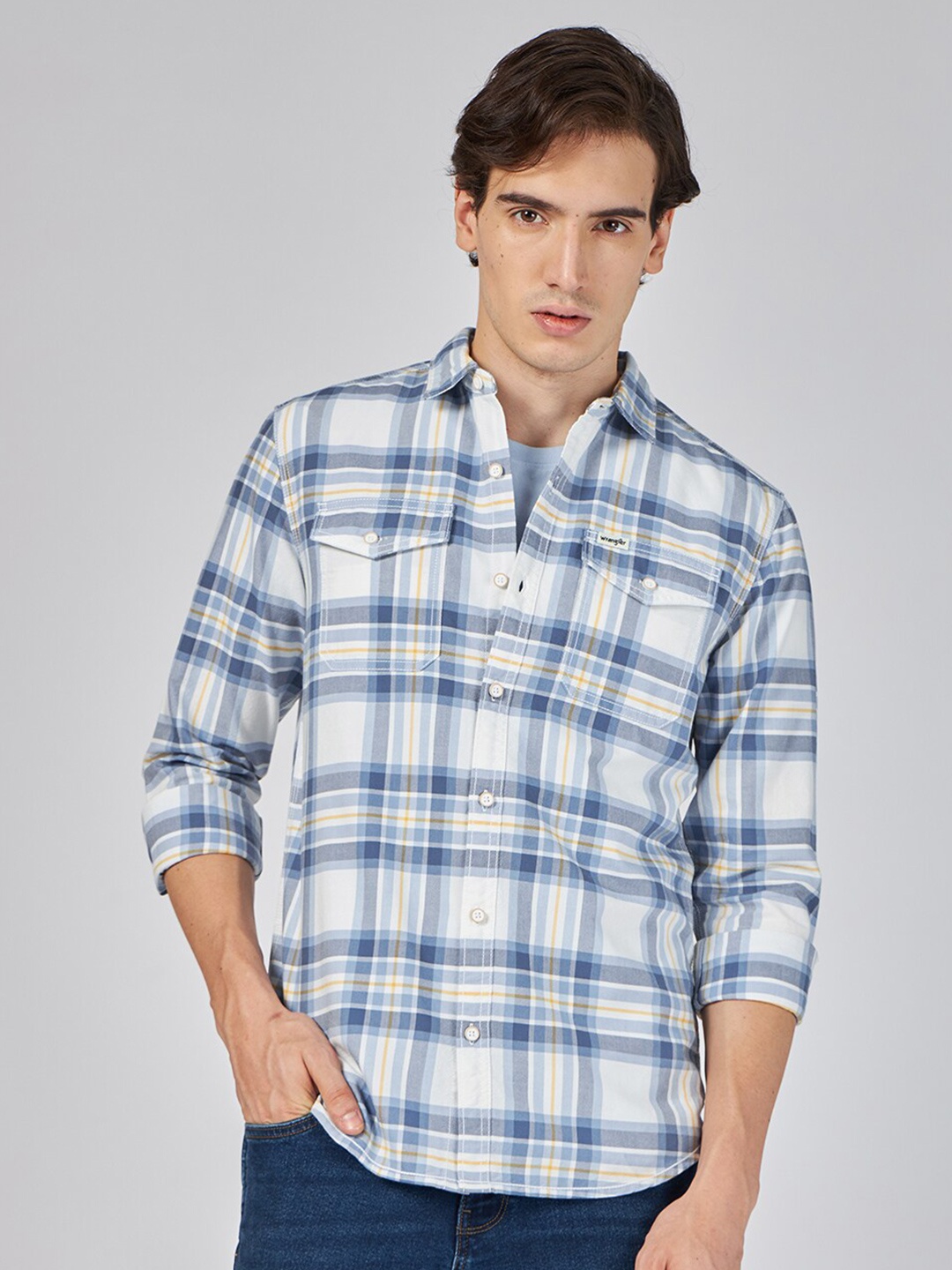 

Wrangler Tartan Checked Spread Collar Casual Shirt, Blue