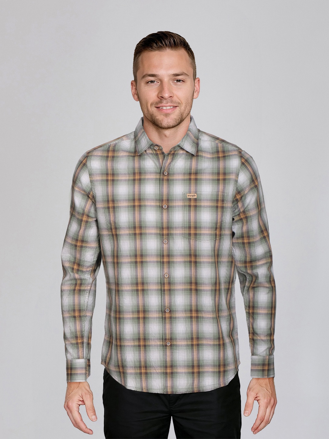 

Wrangler Tartan Checked Spread Collar Casual Shirt, Green