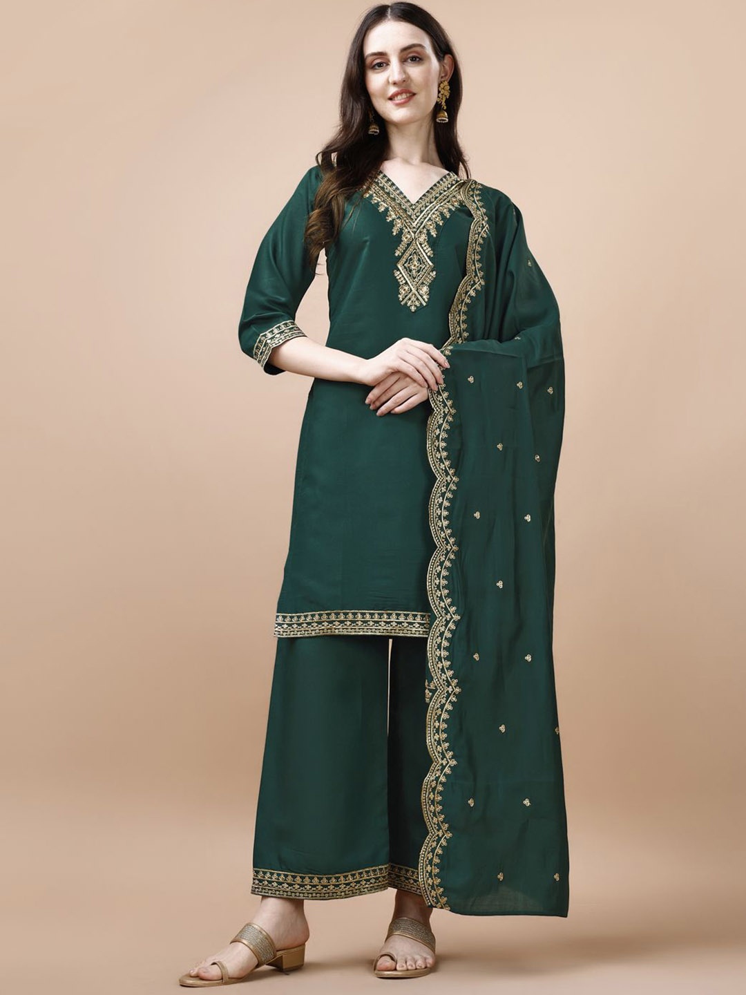 

KALINI Women Embroidered Regular Kurta with Palazzos & With Dupatta, Green