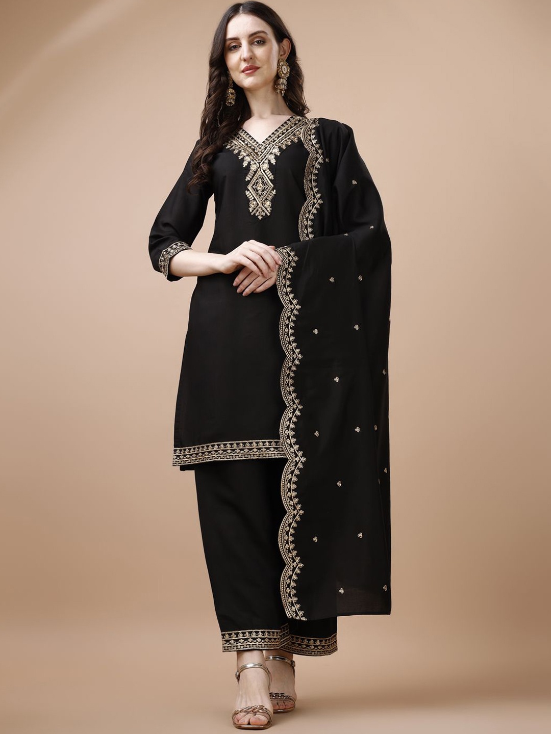 

KALINI Ethnic Motifs Embroidered Thread Work Straight Kurta With Palazzos & Dupatta, Black