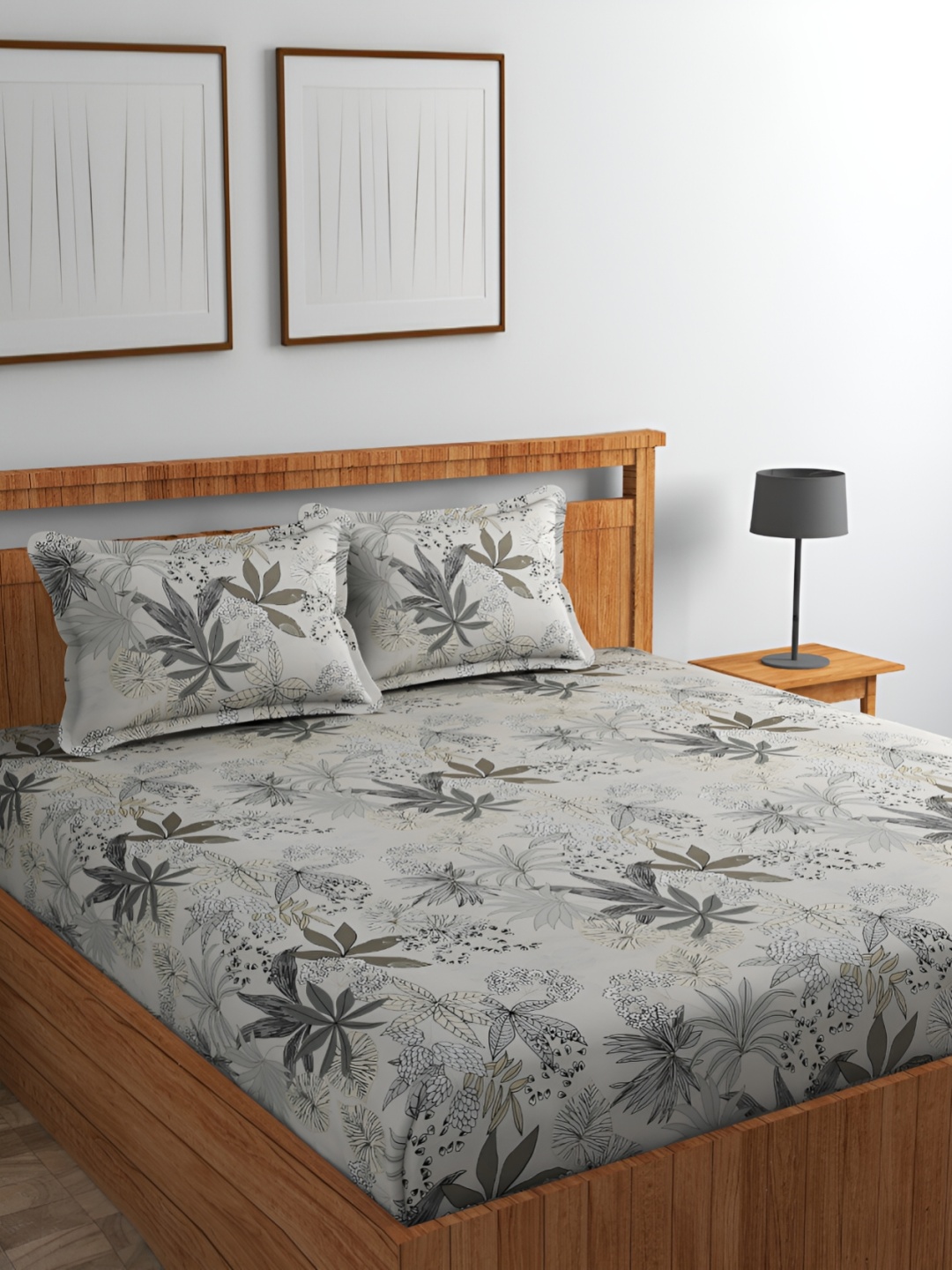 

CHHILAKIYA Grey Floral Printed 210 TC Cotton King Bedsheet with 2 Pillow Covers