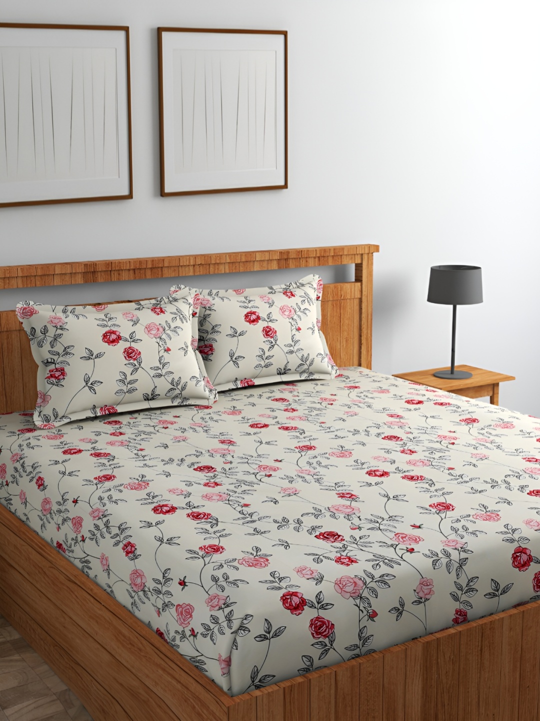 

CHHILAKIYA Beige Floral Printed Cotton 210 TC King Bedsheet with 2 Pillow Covers