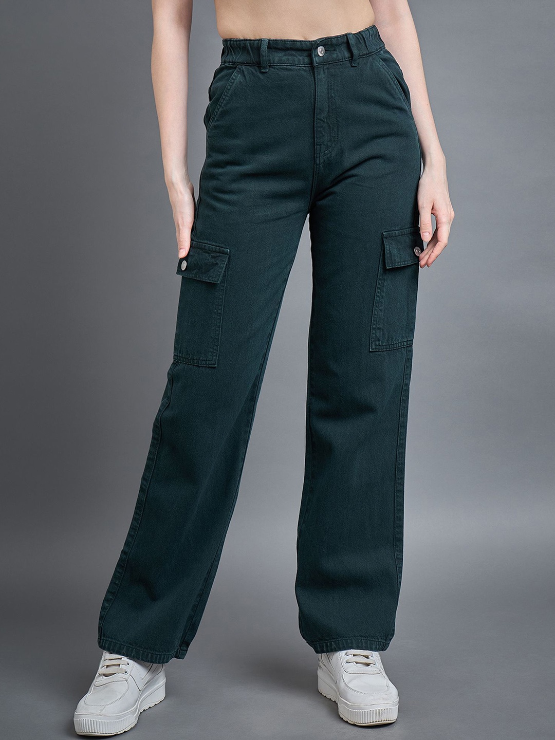 

Kook N Keech Women Olive Jean Straight Fit High-Rise Clean Look Cargo Styles Jeans
