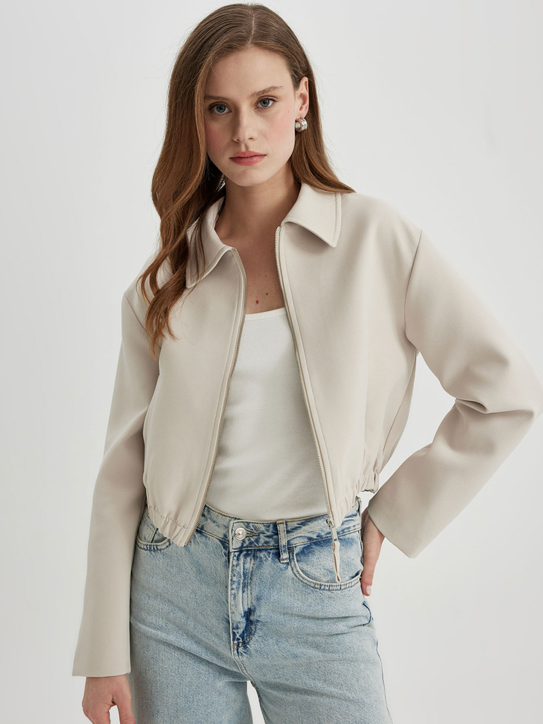 

DeFacto Women Crop Bomber Long Sleeves Jacket, Cream