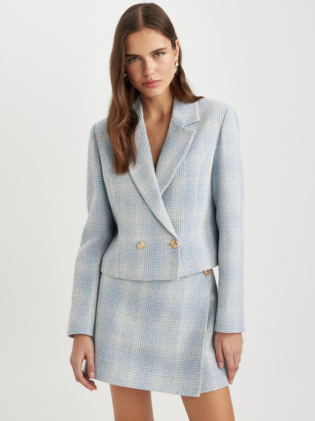 

DeFacto Self-Designed Notched Lapel Double-Breasted Casual Blazer, Blue