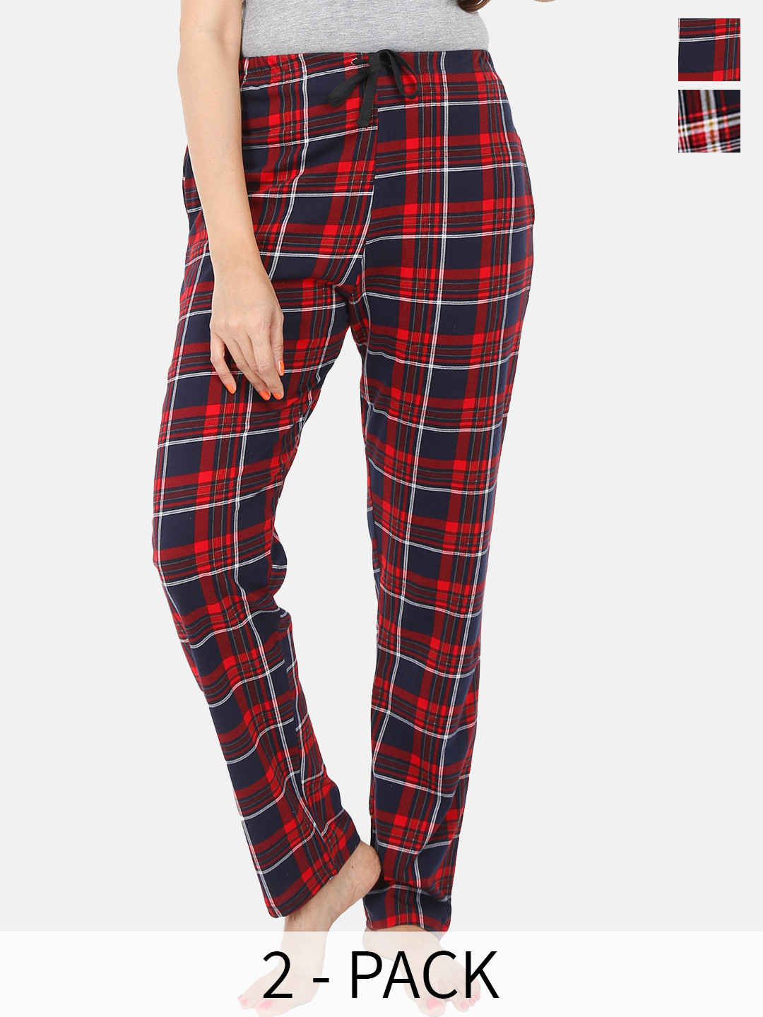 

9shines Label Women Pack Of 2 Checked Cotton Lounge Pants, Red