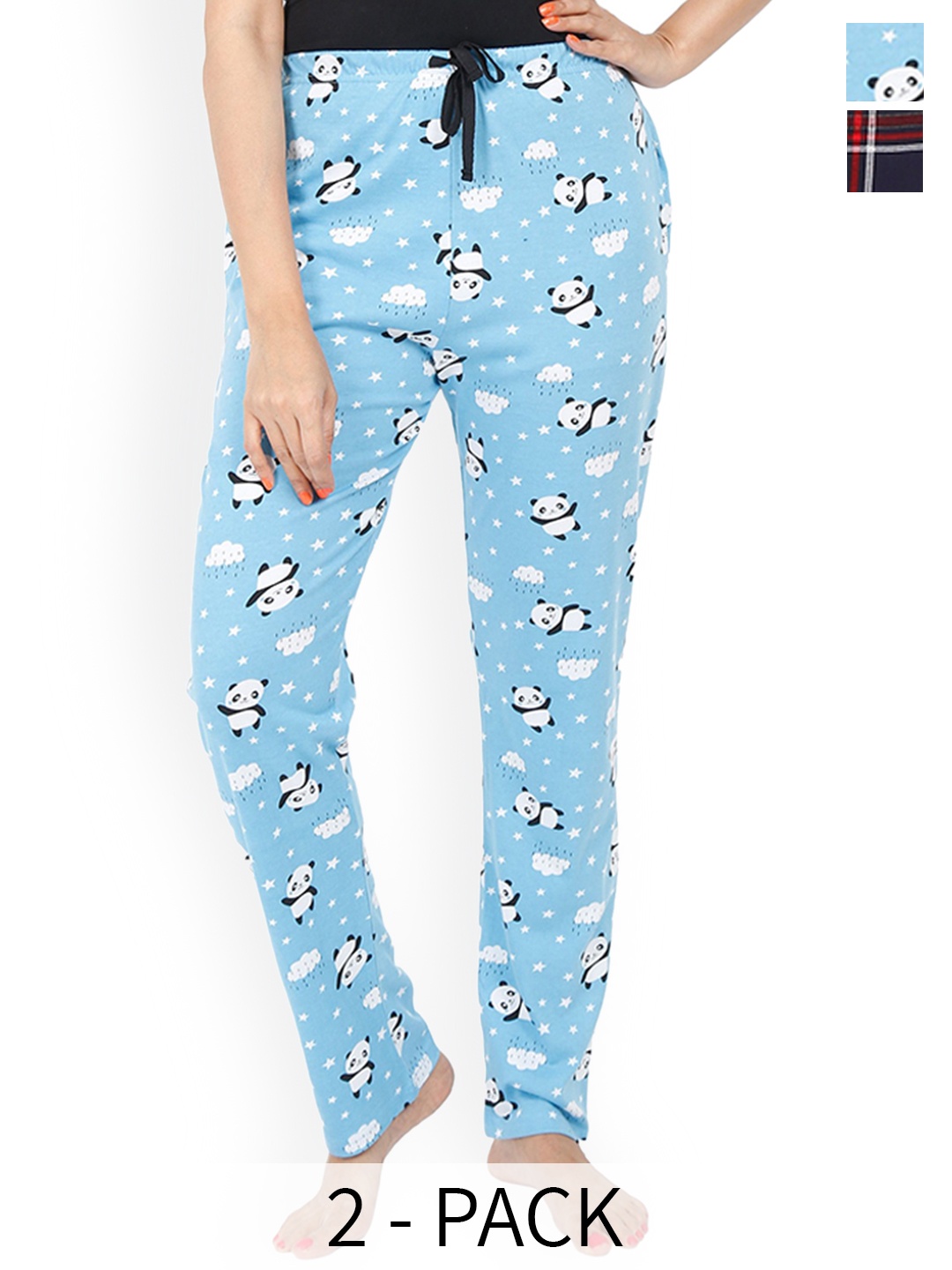 

9shines Label Women Pack Of 2 Printed Cotton Lounge Pants, Blue