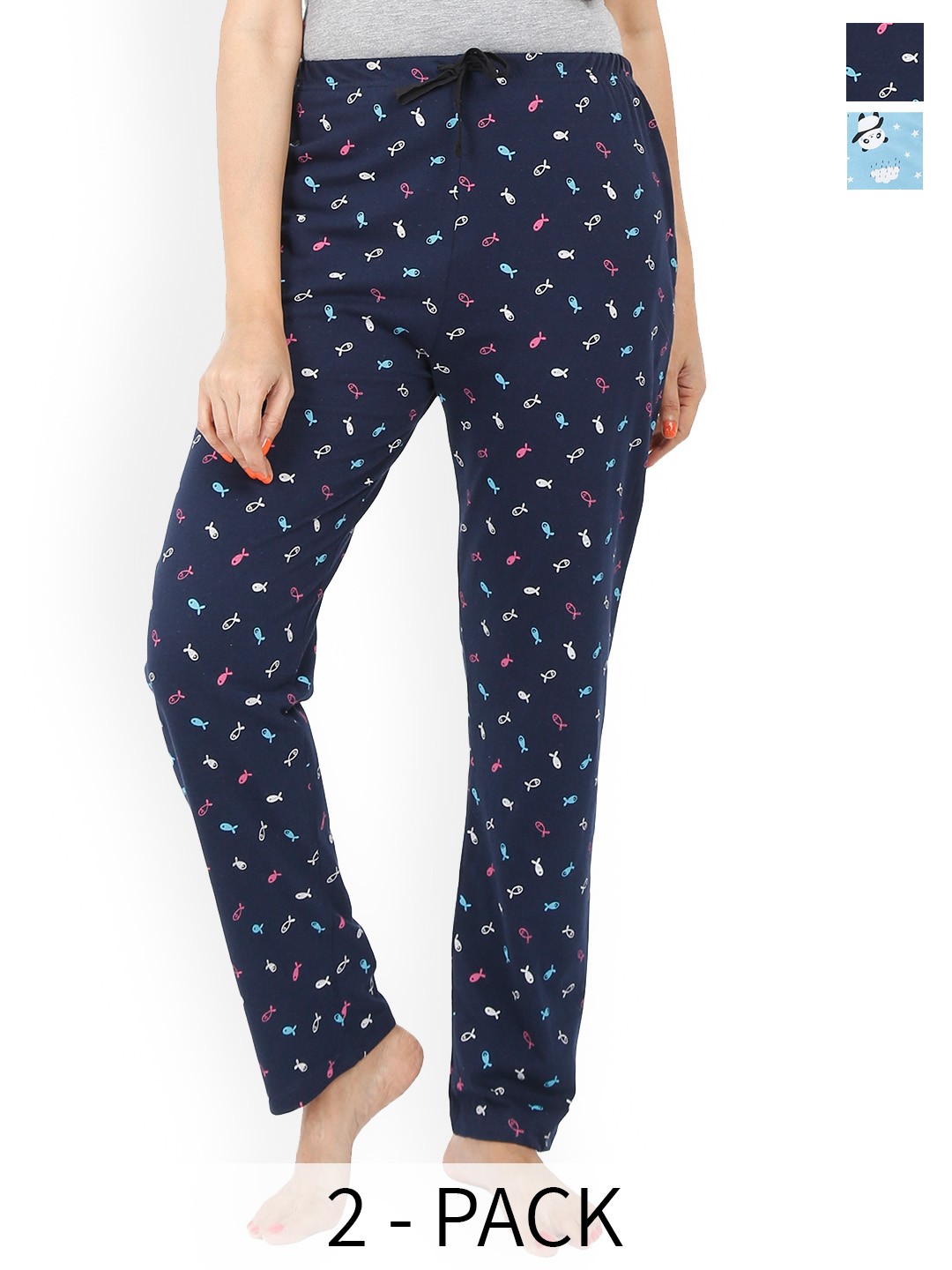 

9shines Label Pack Of 2 Printed Pure Cotton Lounge Pants, Navy blue