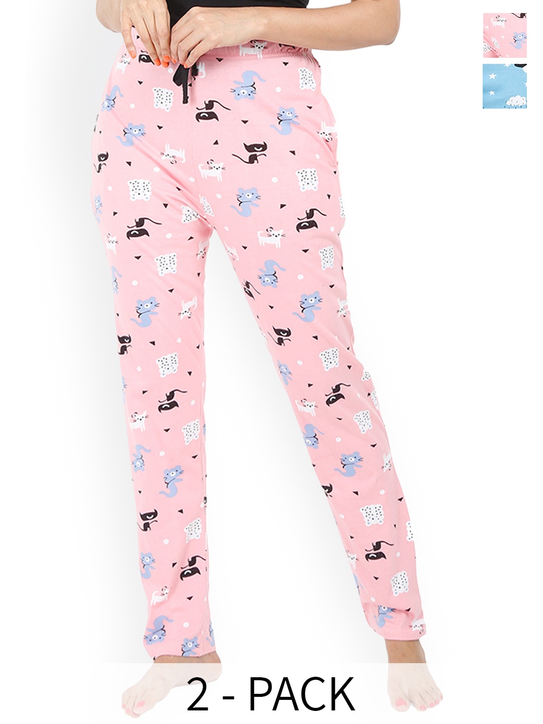 

9shines Label Women Pack Of 2 Printed Cotton Lounge Pants, Blue