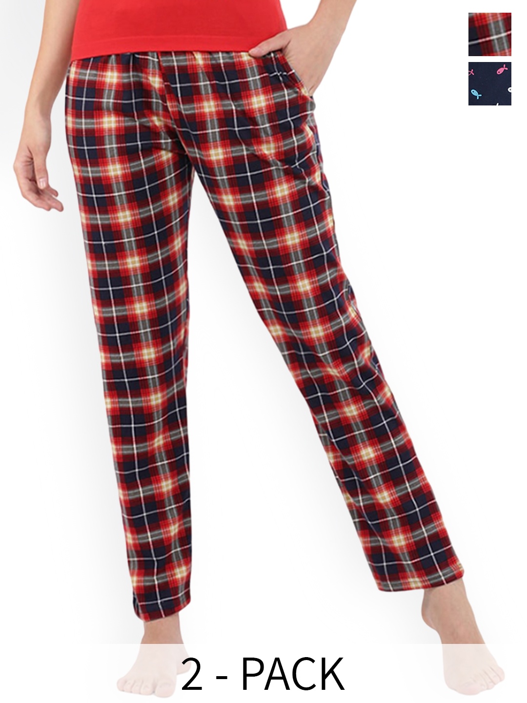 

9shines Label Pack Of 2 Printed Pure Cotton Lounge Pants, Red