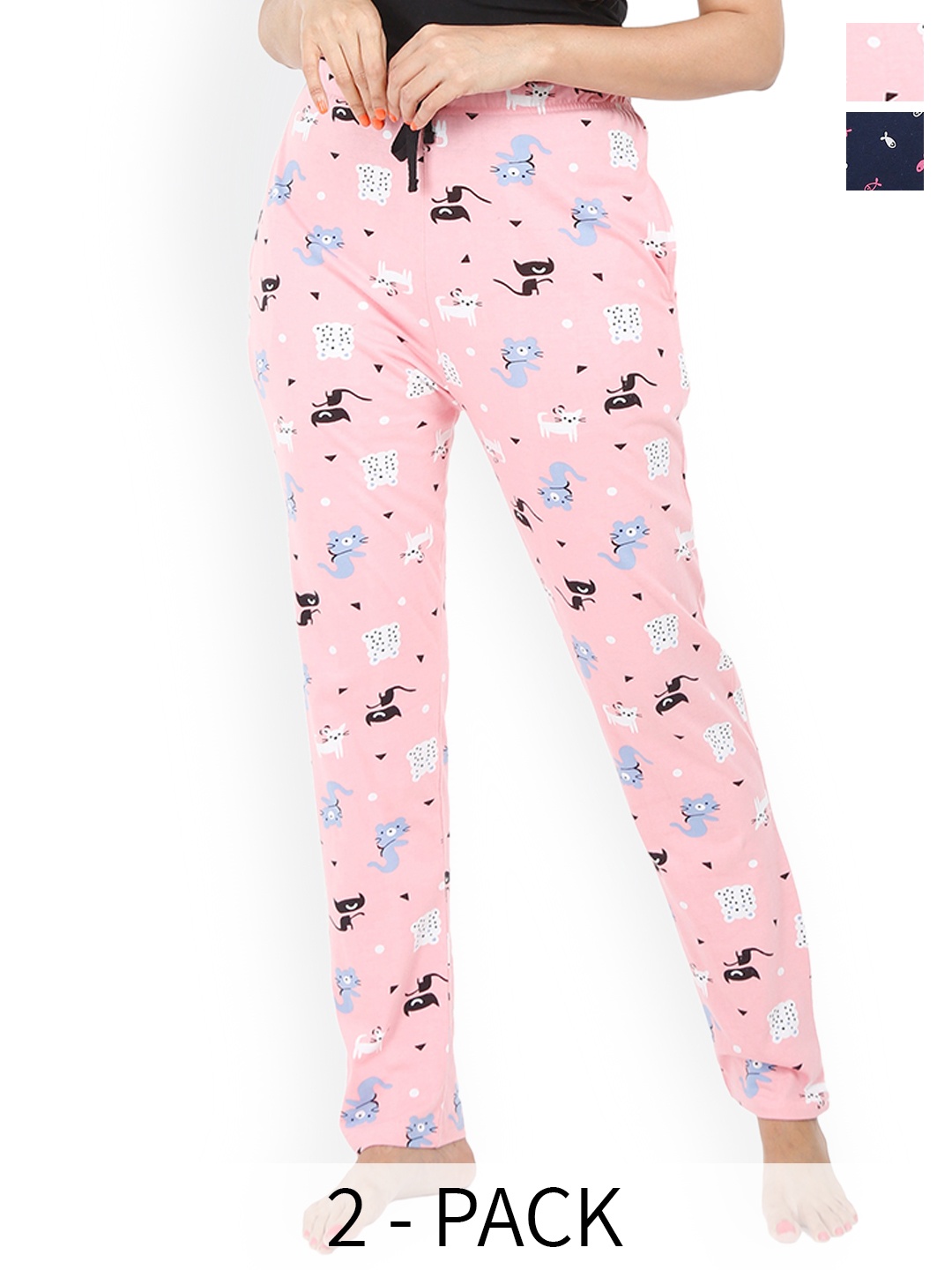 

9shines Label Women Pack Of 2 Printed Cotton Lounge Pants, Navy blue