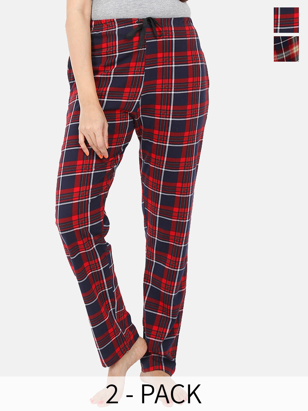 

9shines Label Women Pack Of 2 Checked Pure Cotton Lounge Pants, Red