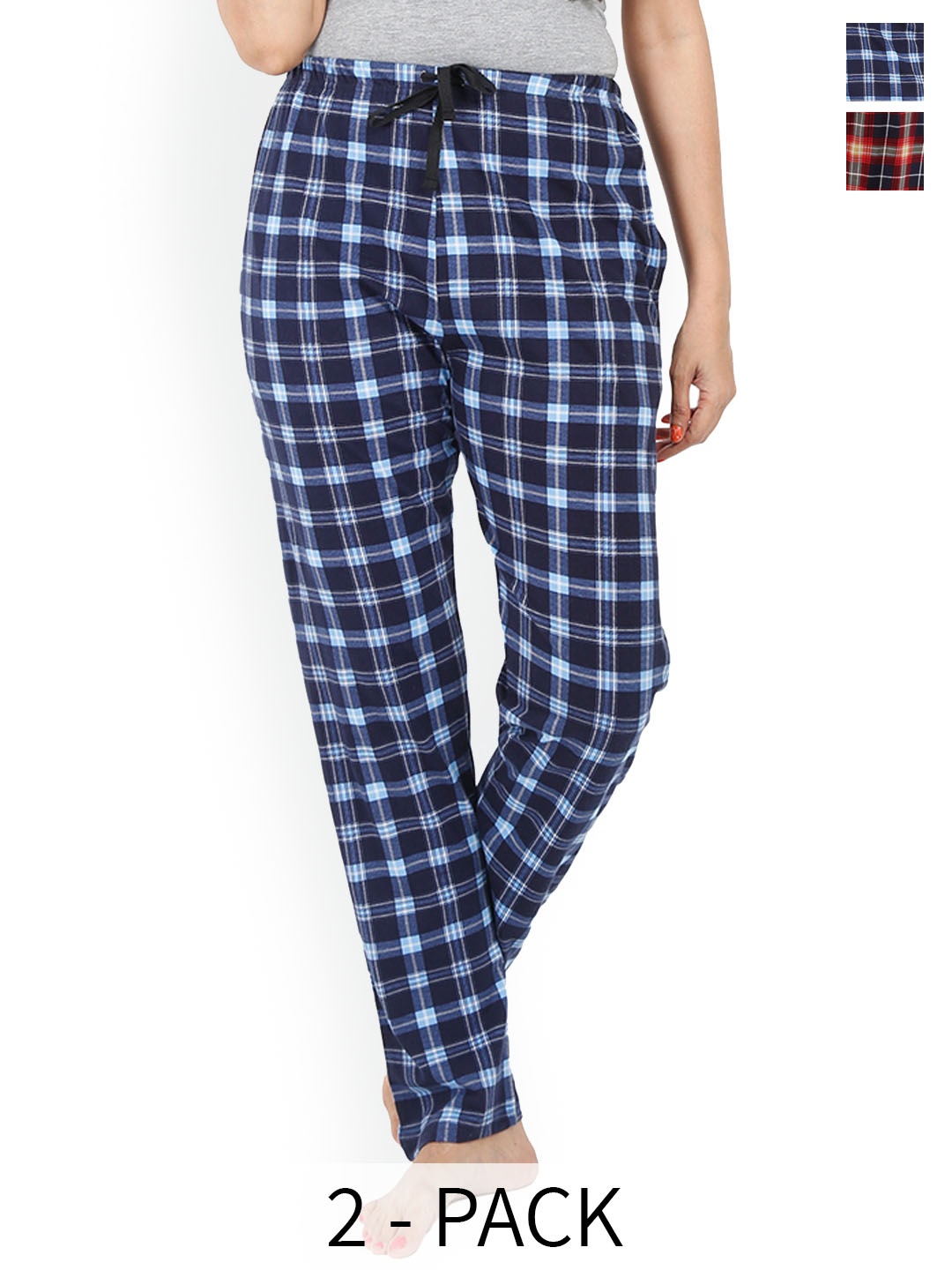 

9shines Label Women Pack Of 2 Checked Cotton Lounge Pants, Blue