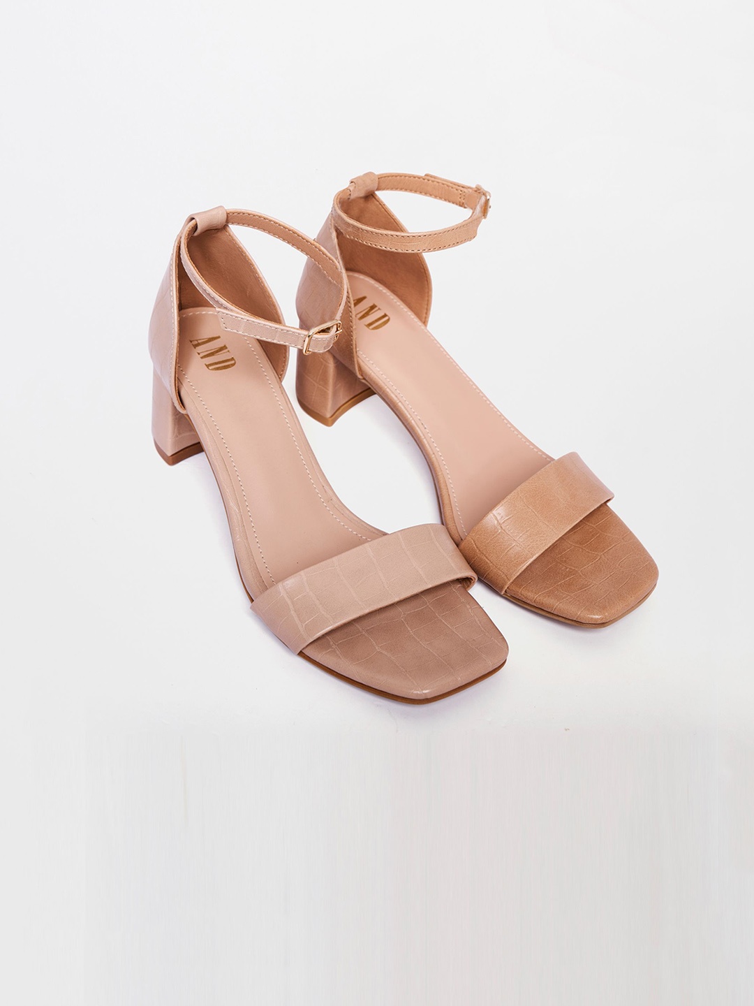 

AND Open Toe Ankle Loop Block Heels, Beige