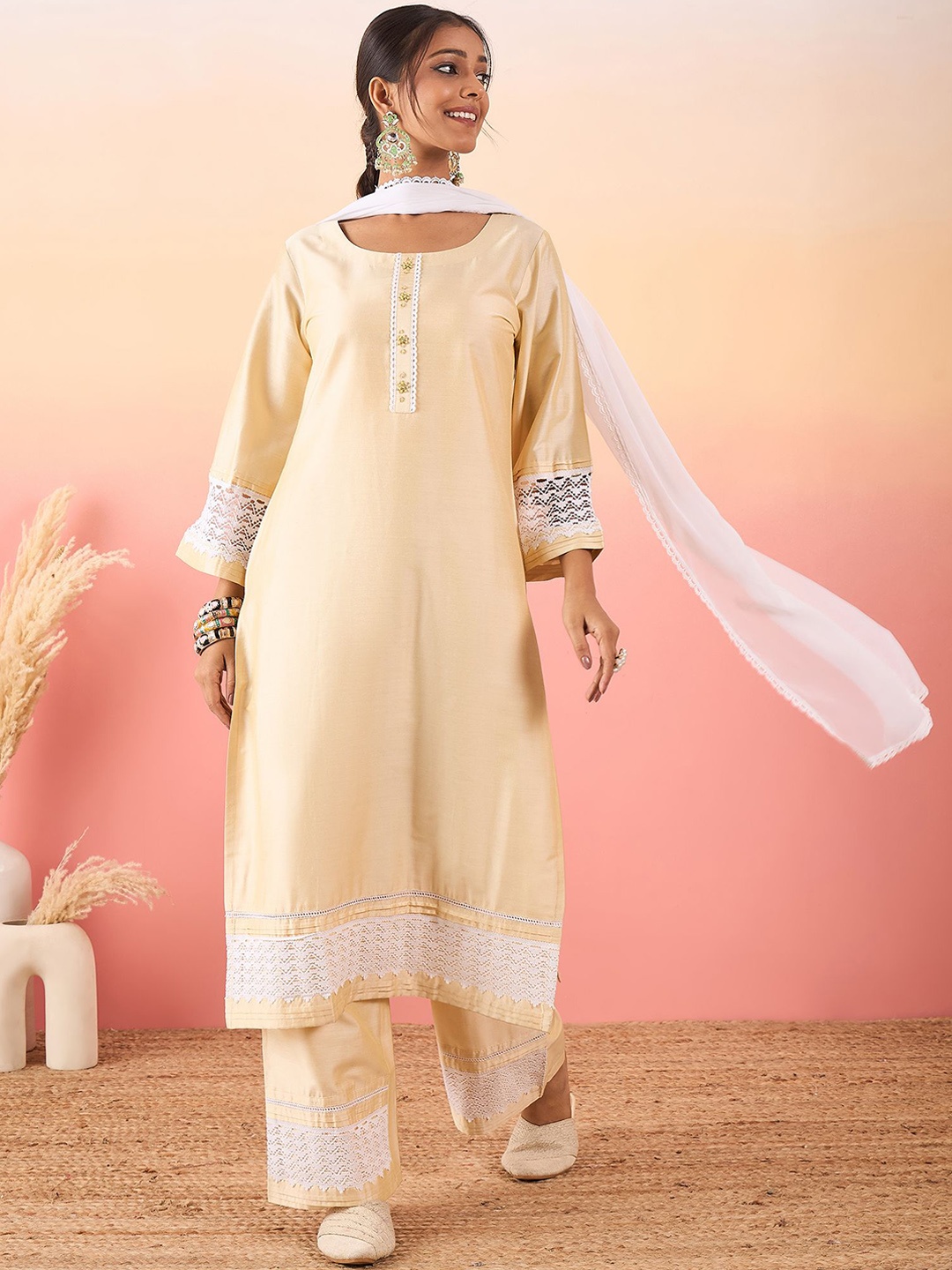 

Madhuni Patchwork Straight Kurta With Palazzos & Dupatta, Cream