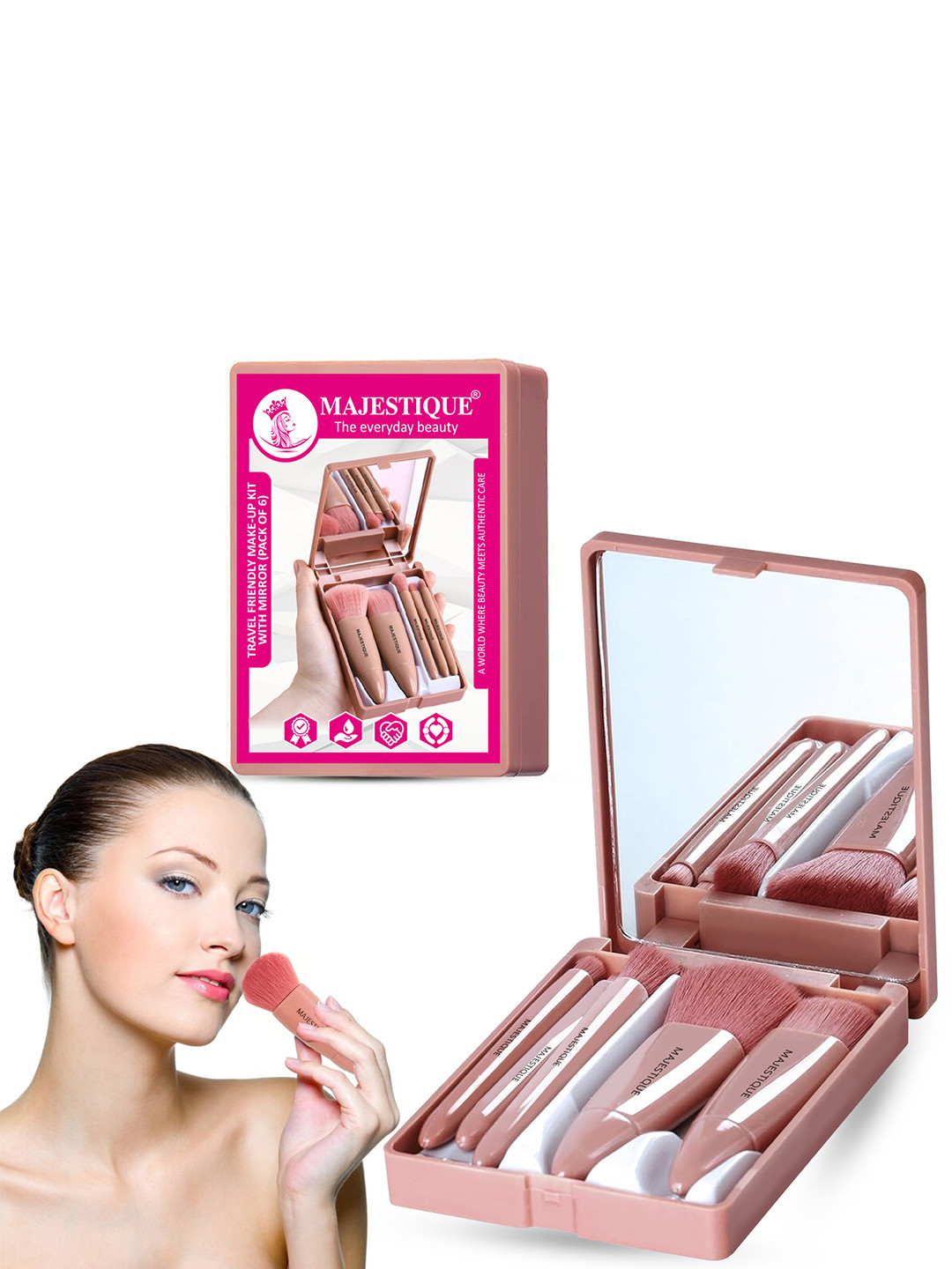 

MAJESTIQUE Set Of 6 Travel Friendly Make-Up Kit Brushes With Mirror, Pink