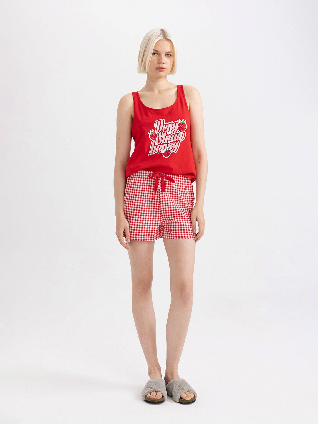 

DeFacto Printed Pure Cotton Sleeveless Top With Shorts Night Suit, Red