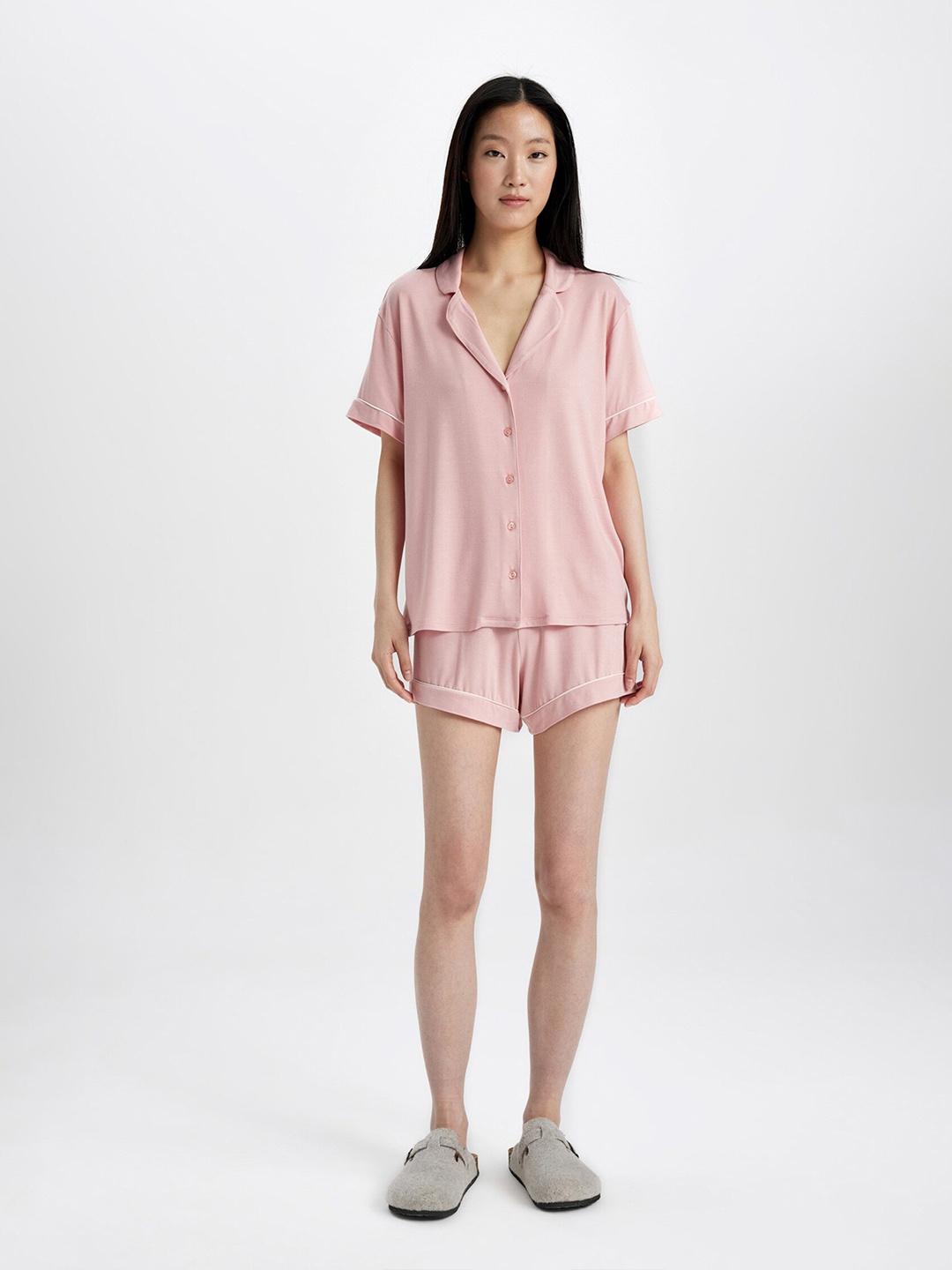 

DeFacto Lapel Collar Shirt With Shorts Night Suit, Pink