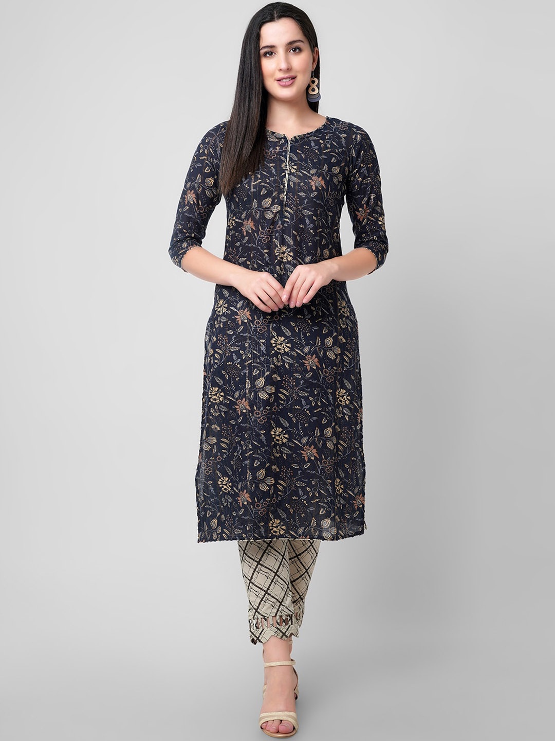 

JANAKDULARI CREATION Floral Printed Pure Cotton Straight Kurta with Trousers, Blue