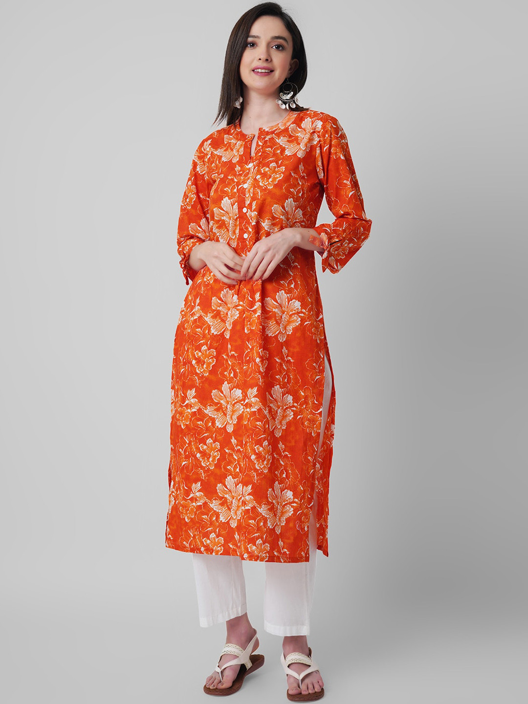 

JANAKDULARI CREATION Floral Printed Notched Neck Straight Pure Cotton Kurta with Palazzos, Orange