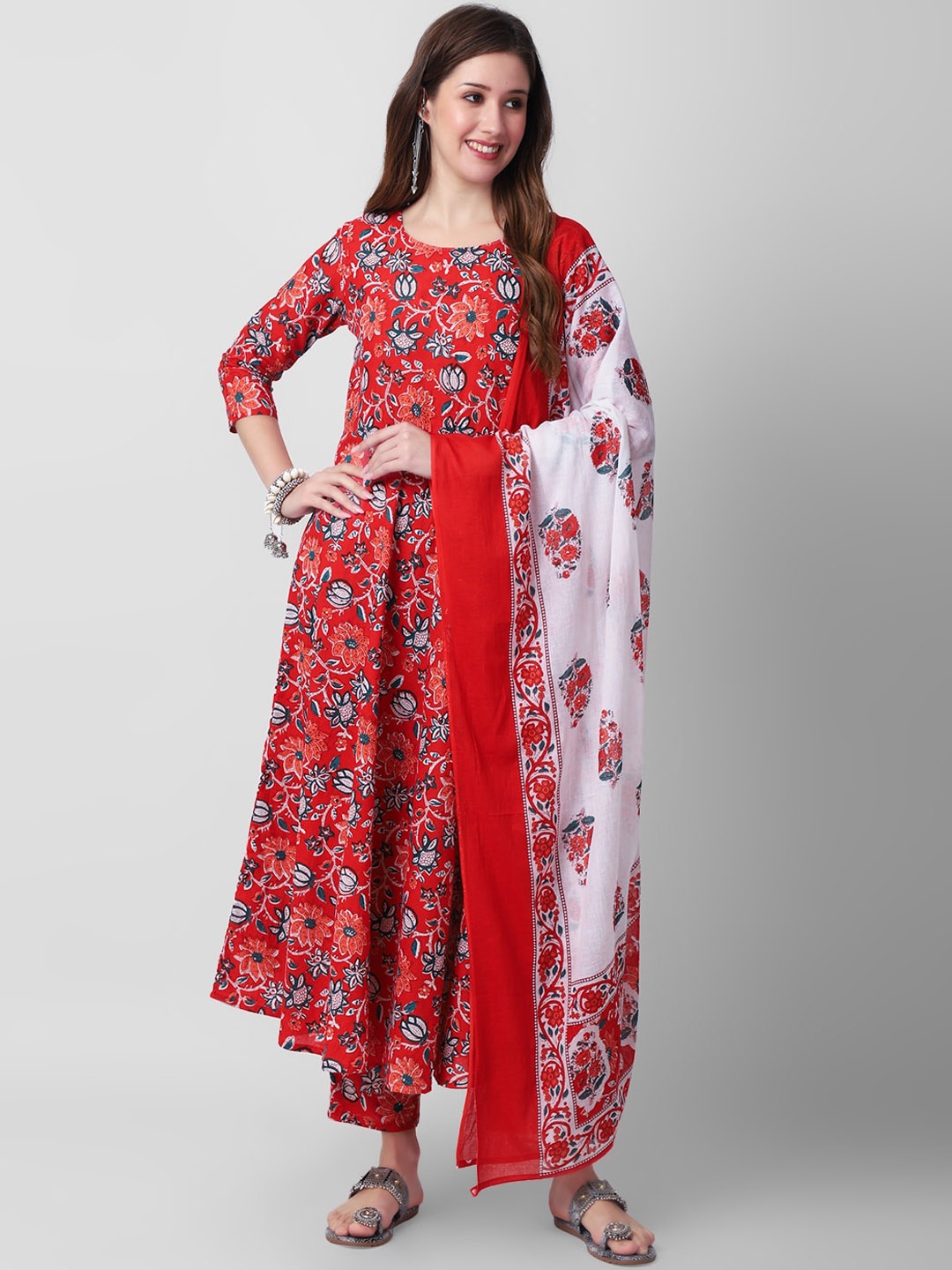 

JANAKDULARI CREATION Floral Printed Round Neck Pure Cotton Kurta with Palazzos & Dupatta, Red