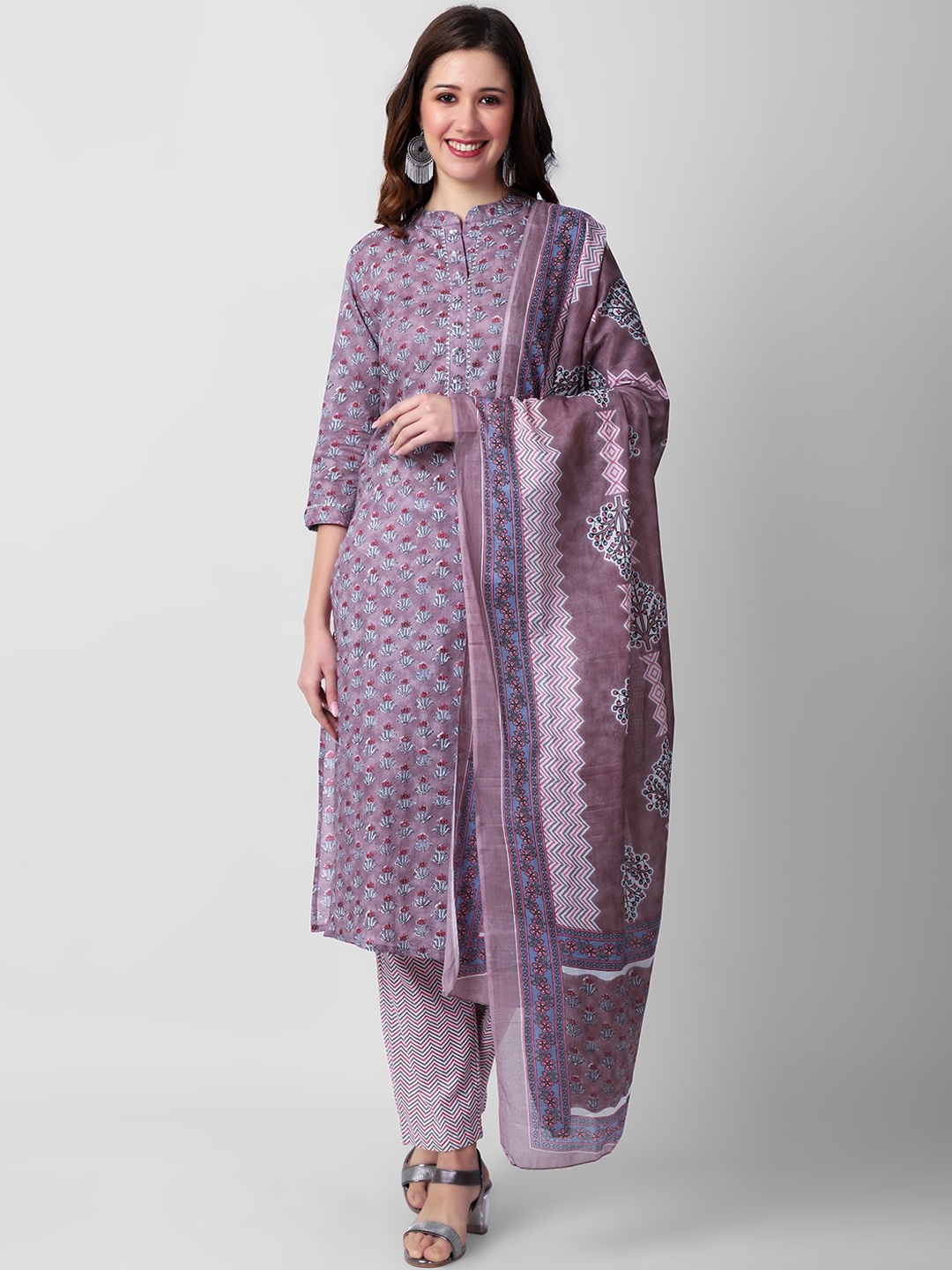 

JANAKDULARI CREATION Floral Printed Mandarin Collar Straight Kurta with Palazzos & Dupatta, Grey