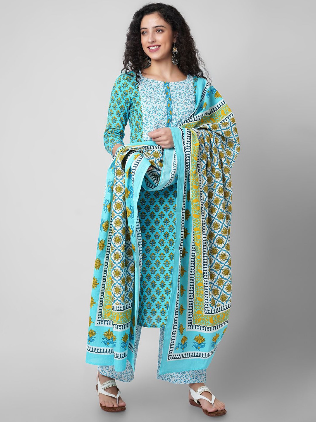 

JANAKDULARI CREATION Floral Printed Round Neck Straight Kurta with Palazzos & Dupatta, Sea green