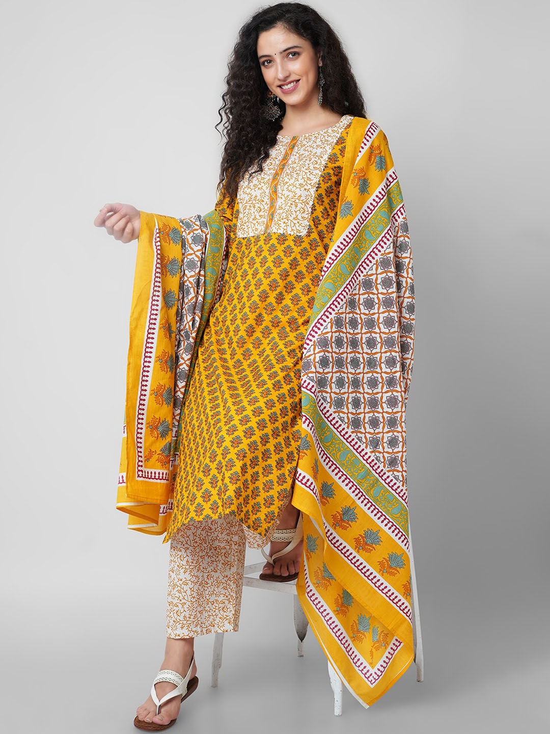 

JANAKDULARI CREATION Floral Printed Round Neck Pure Cotton Kurta with Palazzos & Dupatta, Mustard