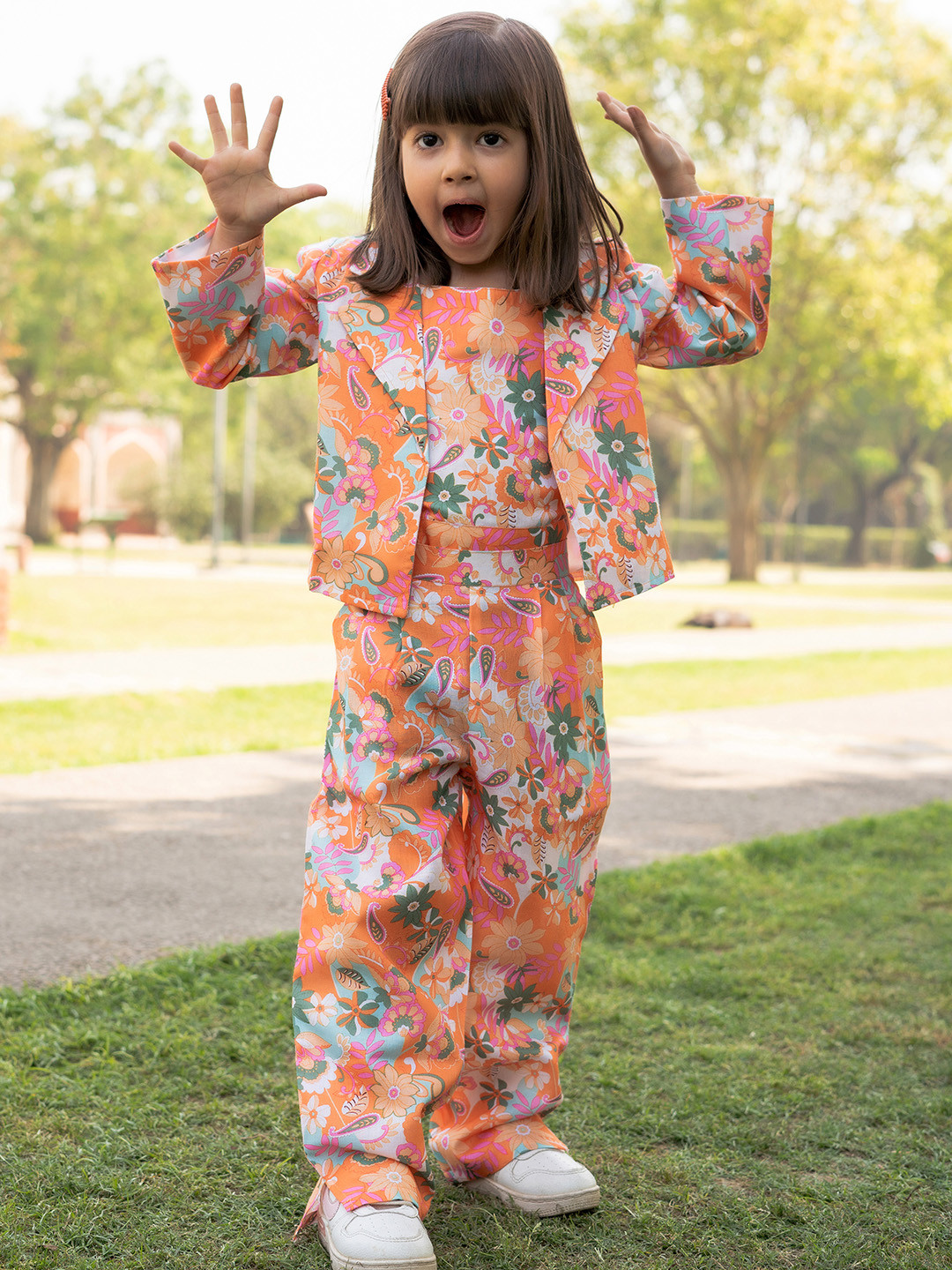 

Aj DEZInES Girls Floral Printed Cotton Top With Jacket & Trousers Clothing Set, Orange