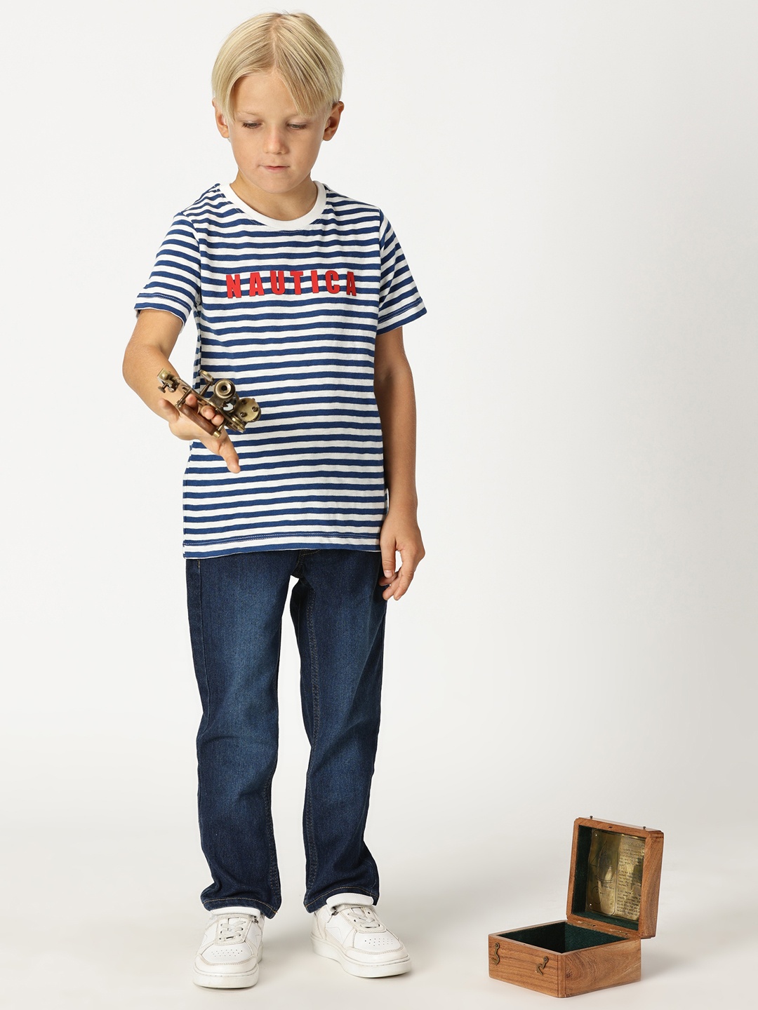 

Nautica Boys Round Neck Striped Cotton T-shirt, Navy blue