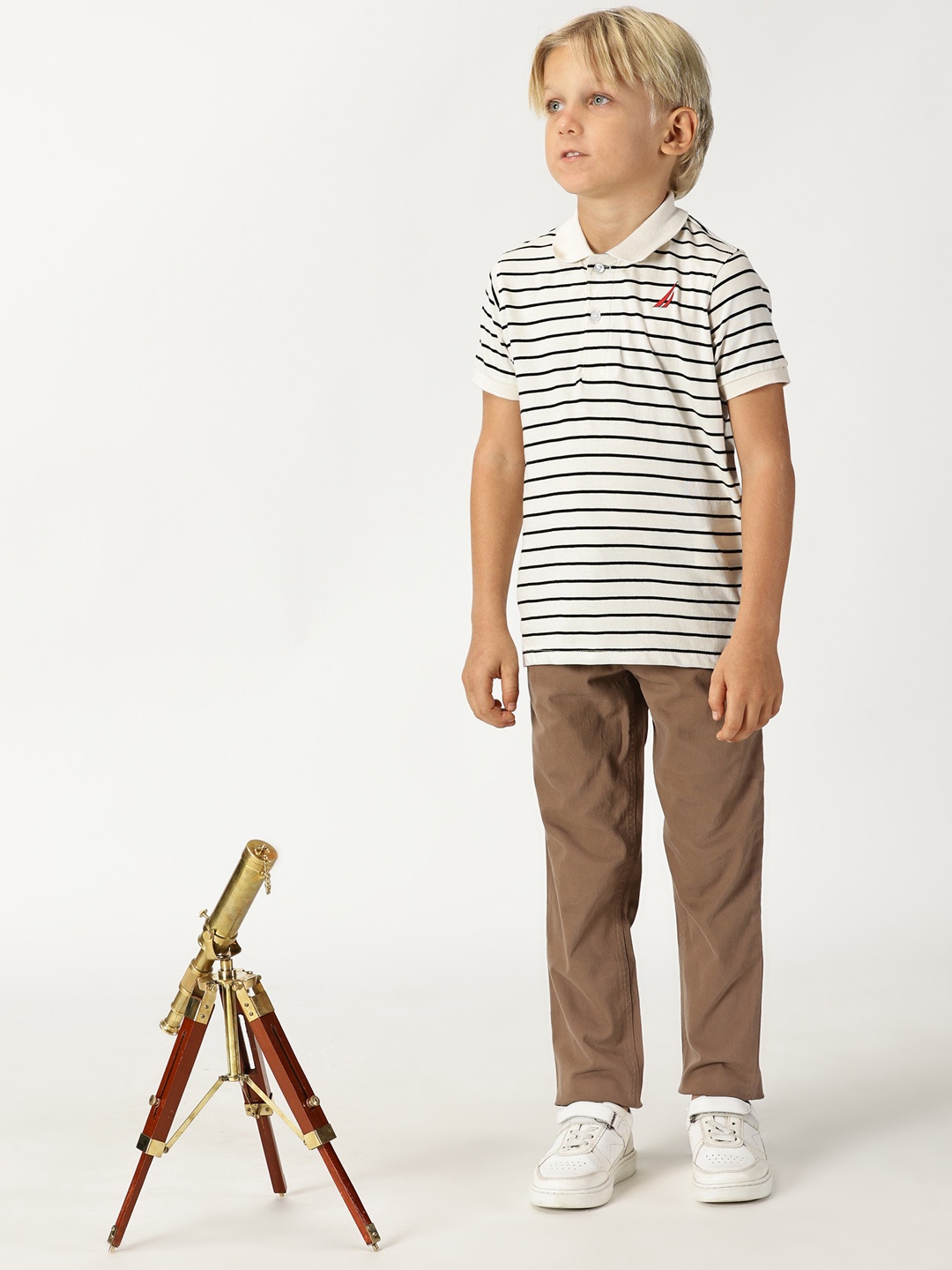 

Nautica Boys Round Neck Striped Cotton T-shirt, Off white