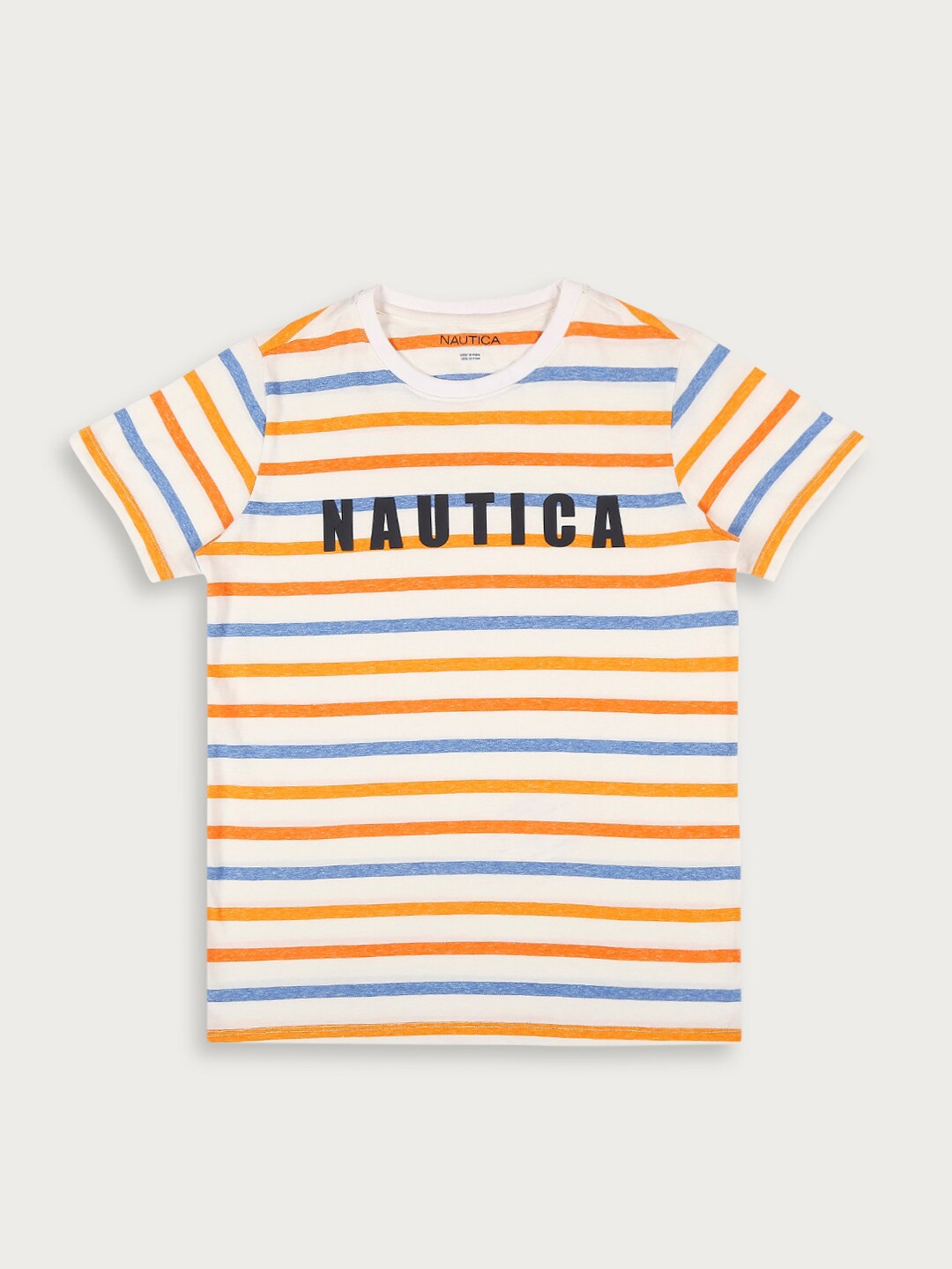 

Nautica Boys Round Neck Striped Printed Cotton T-shirt, Off white