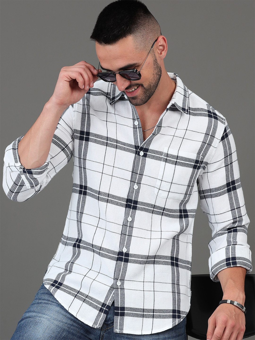 

HERE&NOW Slim Fit Tartan Checked Spread Collar Cotton Shirt, White