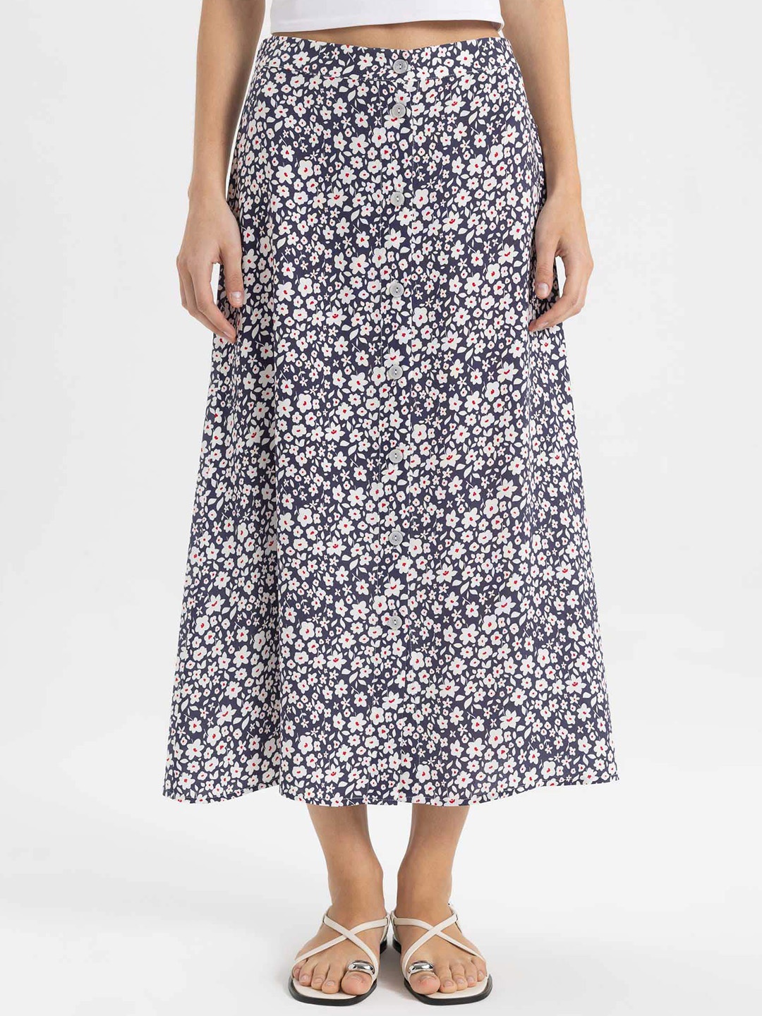 

DeFacto Floral Printed Midi Skirt, Navy blue