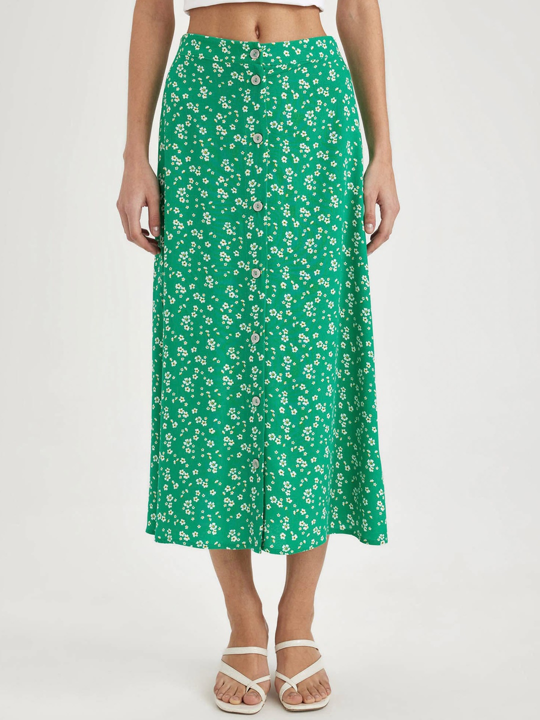 

DeFacto Floral Printed A-Line Midi Skirt, Green