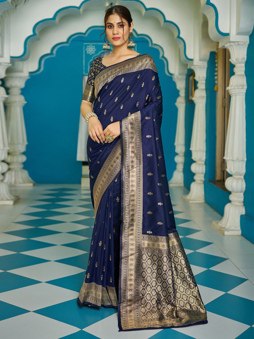 

Anouk Ethnic Motifs Zari Silk Blend Banarasi Saree, Navy blue