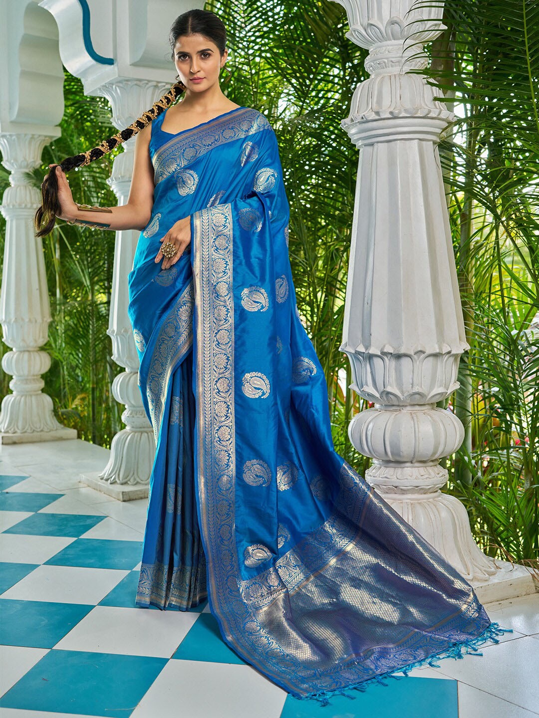 

Anouk Ethnic Motifs Zari Silk Blend Banarasi Saree, Blue