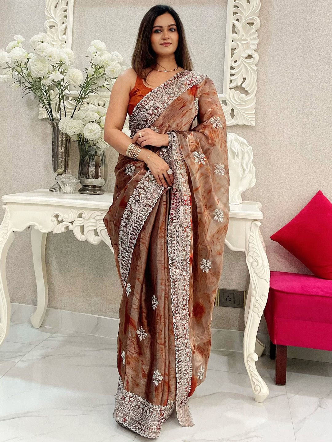 

Anouk Ethnic Motifs Embroidered Organza Saree, Rust